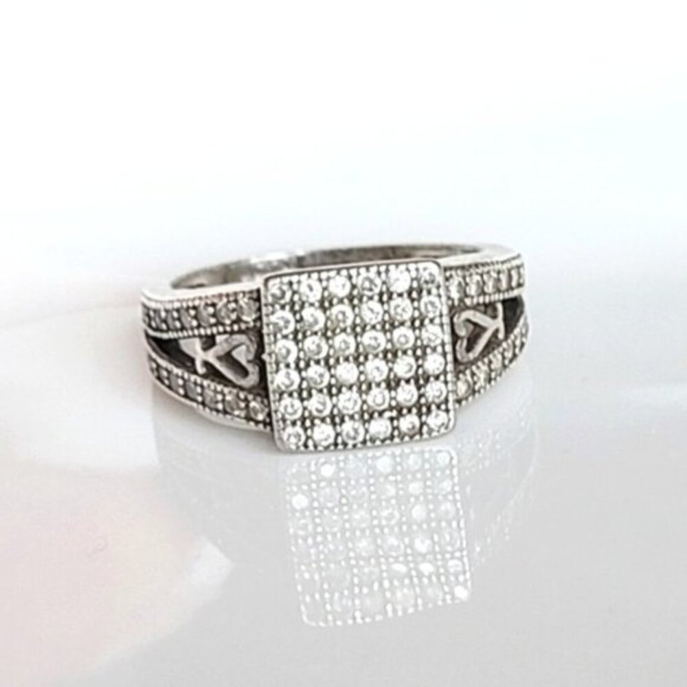 Ladies Sterling Silver Chunky Heart Micro Pave Cz Cryztal Rhinestone Ring 4.75